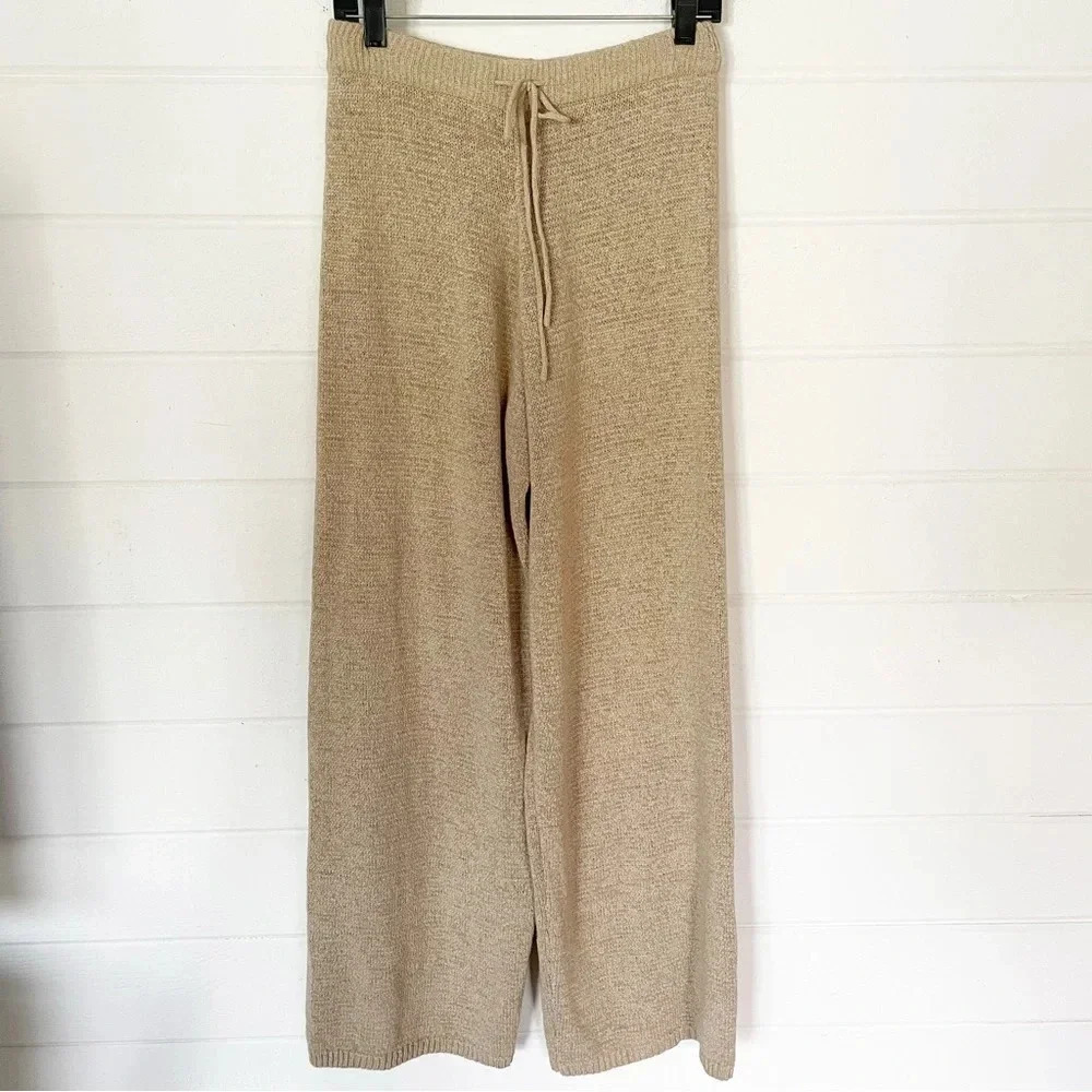 Beige Botany Women’s Knit Camel Baggy Relaxed Wide Leg Drawstring Pants Size S-M